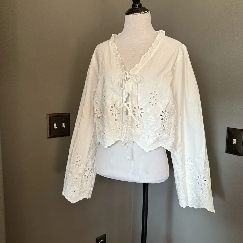 H&M Cream Ruffled Tie Front Blouse with Bib Collar